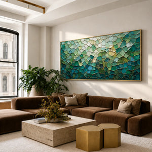 Emerald Mosaic with a Pale Green Glow Wall Art styled interior scene 4 | OILDECO