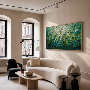 Emerald Mosaic with a Pale Green Glow Wall Art styled interior scene 5 | OILDECO