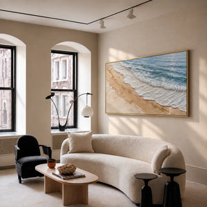 Foamy Surf Along a Golden Sand Shore Wall Art styled interior scene 3 | OILDECO