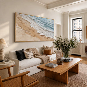 Foamy Surf Along a Golden Sand Shore Wall Art styled interior scene 4 | OILDECO