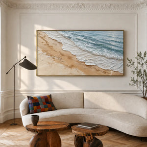 Foamy Surf Along a Golden Sand Shore Wall Art styled interior scene 5 | OILDECO