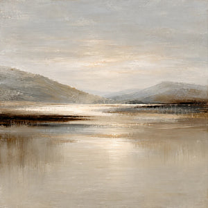 Quiet Mountain Lake with a Pale Golden Glow Wall Art artwork view | OILDECO