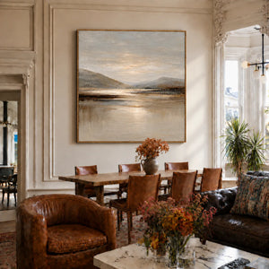 Quiet Mountain Lake with a Pale Golden Glow Wall Art styled interior scene 1 | OILDECO