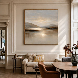 Quiet Mountain Lake with a Pale Golden Glow Wall Art styled interior scene 2 | OILDECO