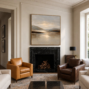 Quiet Mountain Lake with a Pale Golden Glow Wall Art styled interior scene 4 | OILDECO