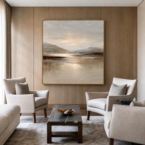 Quiet Mountain Lake with a Pale Golden Glow Wall Art styled interior scene 5 | OILDECO