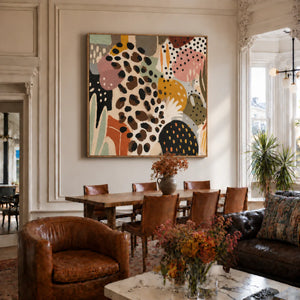 Leopard Spots and Colorful Organic Shapes Wall Art styled interior scene 1 | OILDECO