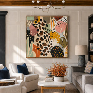 Leopard Spots and Colorful Organic Shapes Wall Art styled interior scene 4 | OILDECO
