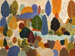 Dotted Woodland in Blue and Autumn Gold Wall Art artwork view | OILDECO