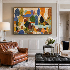Dotted Woodland in Blue and Autumn Gold Wall Art styled interior scene 2 | OILDECO