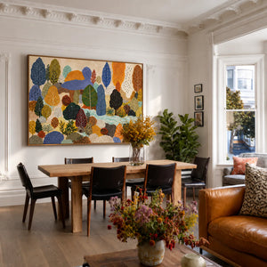 Dotted Woodland in Blue and Autumn Gold Wall Art styled interior scene 3 | OILDECO