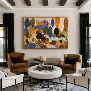 Dotted Woodland in Blue and Autumn Gold Wall Art styled interior scene 5 | OILDECO