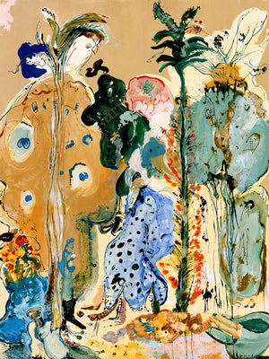 Golden Stems and Blue Dots in a Wild Garden Wall Art artwork view | OILDECO