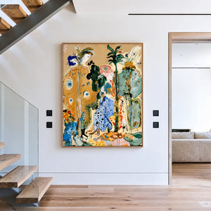 Golden Stems and Blue Dots in a Wild Garden Wall Art styled interior scene 1 | OILDECO