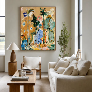 Golden Stems and Blue Dots in a Wild Garden Wall Art styled interior scene 3 | OILDECO