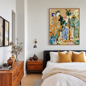 Golden Stems and Blue Dots in a Wild Garden Wall Art styled interior scene 4 | OILDECO
