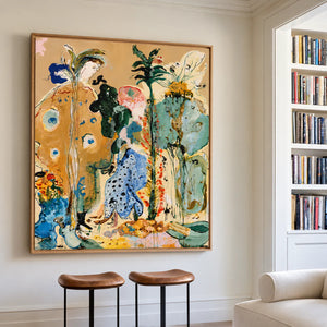 Golden Stems and Blue Dots in a Wild Garden Wall Art styled interior scene 5 | OILDECO