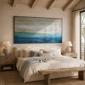 Gilded Horizon Coastal Wall Art shown in a calm bedroom setting | Oildeco
