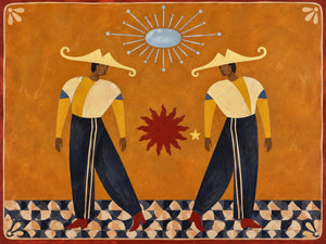 Golden Hat Dancers Beneath a Blue Sun Wall Art artwork view | OILDECO
