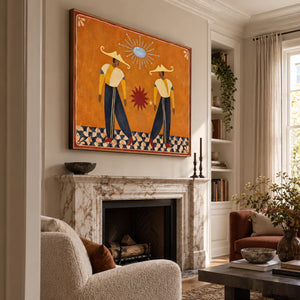 Golden Hat Dancers Beneath a Blue Sun Wall Art styled interior scene 1 | OILDECO