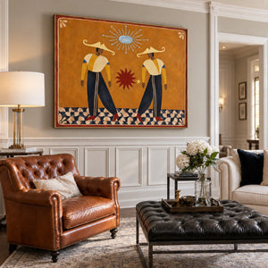 Golden Hat Dancers Beneath a Blue Sun Wall Art styled interior scene 3 | OILDECO