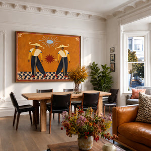 Golden Hat Dancers Beneath a Blue Sun Wall Art styled interior scene 4 | OILDECO