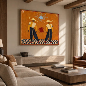 Golden Hat Dancers Beneath a Blue Sun Wall Art styled interior scene 5 | OILDECO