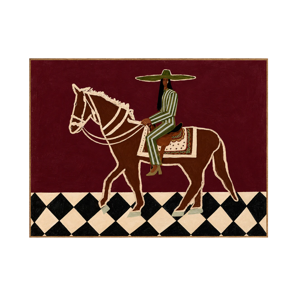 Green Striped Rider on a Burgundy Ground Wall Art