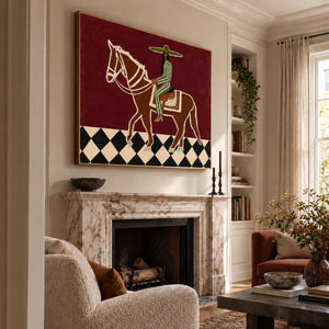Green Striped Rider on a Burgundy Ground Wall Art styled interior scene 1 | OILDECO