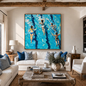 Four Swimmers in Brilliant Turquoise Water Wall Art styled interior scene 1 | OILDECO