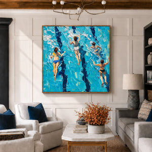 Four Swimmers in Brilliant Turquoise Water Wall Art styled interior scene 2 | OILDECO