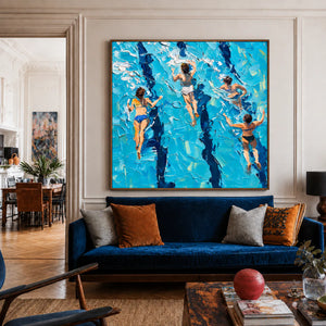 Four Swimmers in Brilliant Turquoise Water Wall Art styled interior scene 4 | OILDECO