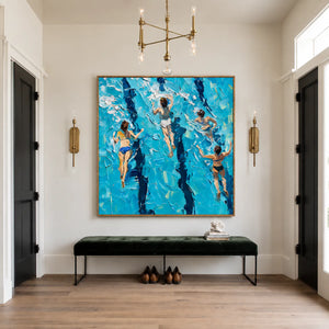 Four Swimmers in Brilliant Turquoise Water Wall Art styled interior scene 5 | OILDECO