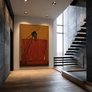Quiet Figure in Red Stripes and Ochre Wall Art styled interior scene 1 | OILDECO