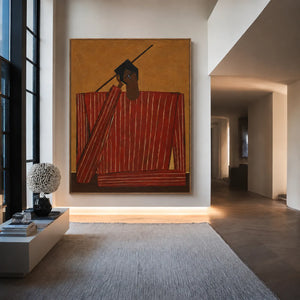 Quiet Figure in Red Stripes and Ochre Wall Art styled interior scene 3 | OILDECO