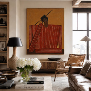 Quiet Figure in Red Stripes and Ochre Wall Art styled interior scene 5 | OILDECO