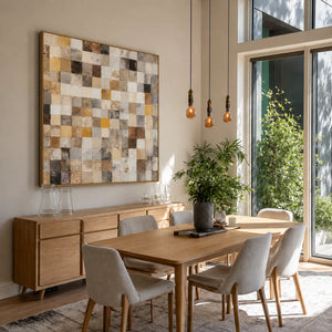 Warm Ochre and Stone Checkerboard Wall Art styled interior scene 1 | OILDECO