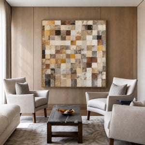 Warm Ochre and Stone Checkerboard Wall Art styled interior scene 2 | OILDECO