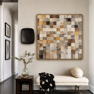 Warm Ochre and Stone Checkerboard Wall Art styled interior scene 3 | OILDECO
