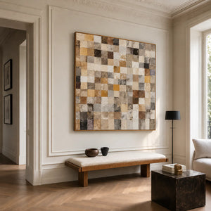 Warm Ochre and Stone Checkerboard Wall Art styled interior scene 4 | OILDECO