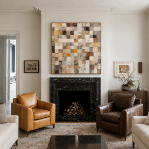 Warm Ochre and Stone Checkerboard Wall Art styled interior scene 5 | OILDECO