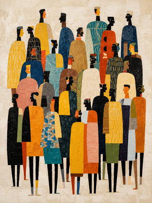 Tall Gathering in Mustard Teal and Black Wall Art artwork view | OILDECO