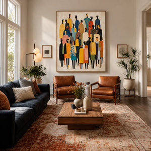 Tall Gathering in Mustard Teal and Black Wall Art styled interior scene 2 | OILDECO