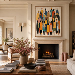 Tall Gathering in Mustard Teal and Black Wall Art styled interior scene 4 | OILDECO