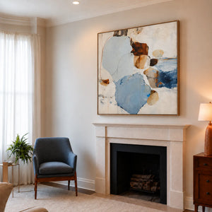 Pale Blue Pebble Forms with Rust Accents Wall Art styled interior scene 1 | OILDECO