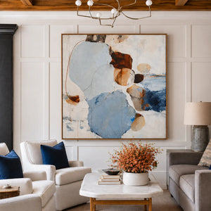 Pale Blue Pebble Forms with Rust Accents Wall Art styled interior scene 4 | OILDECO