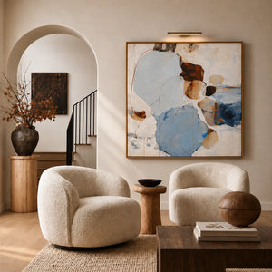 Pale Blue Pebble Forms with Rust Accents Wall Art styled interior scene 5 | OILDECO