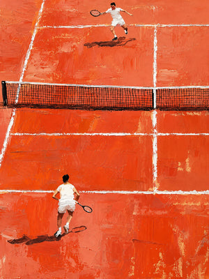 Sunlit Tennis Rally on an Orange Court Wall Art artwork view | OILDECO