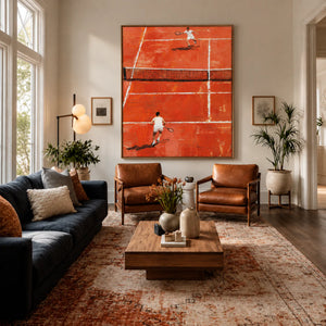 Sunlit Tennis Rally on an Orange Court Wall Art styled interior scene 1 | OILDECO