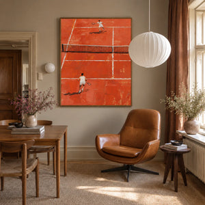Sunlit Tennis Rally on an Orange Court Wall Art styled interior scene 2 | OILDECO